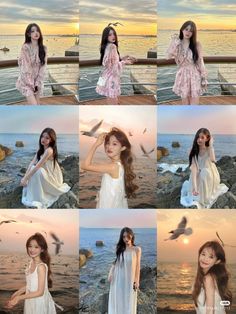 the girl is posing on the beach with birds in her hand and she has long brown hair