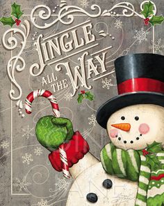 a snowman wearing a top hat and scarf holding a candy cane