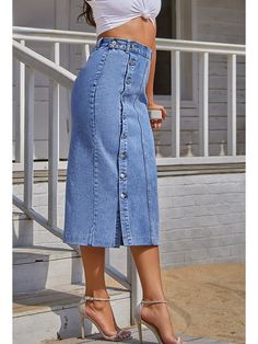 Outfit Denim Skirt, Midi Jean Skirt, Slim Fit Skirts, Midi Jeans, High Waisted Denim Skirt, Office Skirt, Long Denim Skirt, Estilo Denim, Trendy Skirts