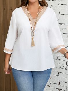 Plus Size Women's Crochet V-Neck White Blouse,Fall Women Shirts,White Collar Shirt White Casual  Three Quarter Length Sleeve Woven Fabric Colorblock Top Non-Stretch  Women Plus Clothing, size features are:Bust: ,Length: ,Sleeve Length: Blouses For Women Casual, Plus Size Blouses For Women, Colorblock Top, White Collared Shirt, Color Block Top, Blouse White, Plus Size Blouses, White Blouse, White Casual