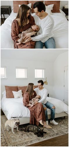 two photos of a man and woman sitting on a bed with their baby in the middle