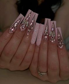 #nails Hot Pink Bling Nails, Pink Gem Nails, Bedazzled Nails, Mexican Nails, Nail Designs Bling, Future Nails, Bad Nails