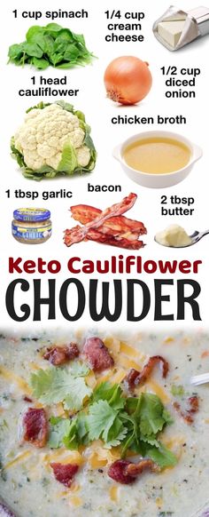 the keto cauliflower chowder recipe is shown in this graphic above it's ingredients