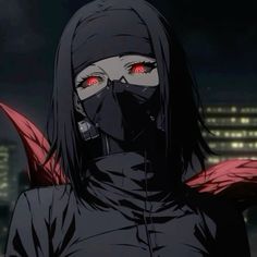 a woman with red eyes wearing a black mask and dark clothes in front of a cityscape