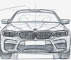 the front view of a bmw car drawn in pencil with a pointy nose and tail