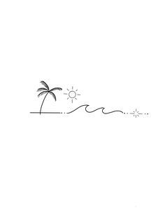 a black and white drawing of a palm tree on the beach