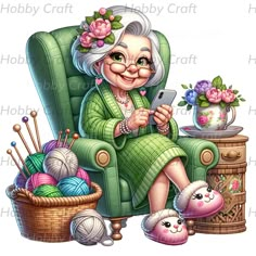 an older woman sitting in a chair with knitting supplies and holding a cell phone while looking at the screen