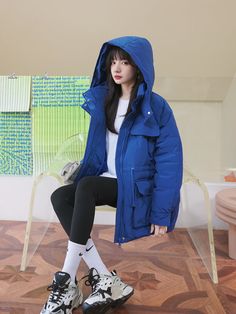 Gillian Blue Hooded Down Puffer Coat Luxury Blue Hooded Parka, Luxury Blue Outerwear With Drawstring Hood, Luxury Blue Hooded Jacket With Adjustable Hood, Luxury Blue Hooded Jacket With Drawstring, Wool Jackets, Long Down Coat, Down Puffer Coat, Hooded Scarf, White Duck