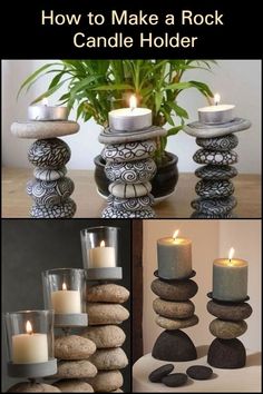 candles and rocks are arranged in different ways to make a rock candle holder for your home