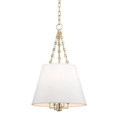 a brass chandelier with a white shade hanging from the ceiling and chain around it