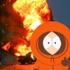 a cartoon character standing in front of a fire with an orange hoodie on, giving the thumbs up