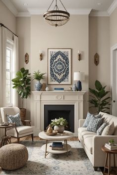 a living room filled with furniture and a fire place in front of a painting on the wall