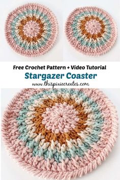 two crochet coasters with the text, free crochet pattern and video tutor