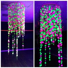 there are two pictures with different colors of beads hanging from the ceiling and on the wall