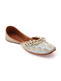 Pearl Love - Blue Pearl & Zari Embellished Brocade Juttis By 5 Elements now available at Trendroots Shiny Shoes, Pearl Love, 5 Elements, Love Blue, Wedding Outfits, Blue Pearl, Comfort Color, Best Deal, Vegetable Tanned Leather