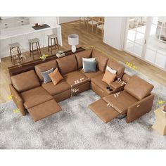 a living room with sectional couches and tables on the floor, including one end table