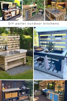 outdoor kitchen made out of pallets and wooden pallets with text overlay that says diy pallet outdoor kitchens