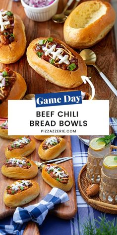 game day beef chili bread bowls with text overlay