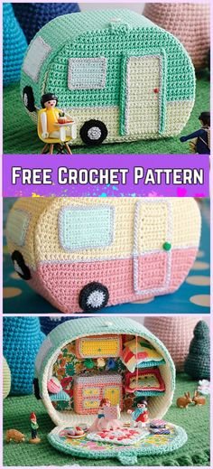 a crocheted camper is shown with the words free crochet pattern