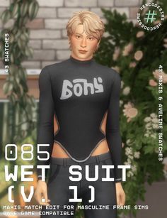 a woman wearing a wet suit in front of a brick wall with text below it