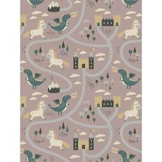 a wallpaper pattern with horses and castle in the sky, on grey background for kids's room decor