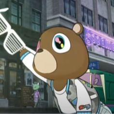 a cartoon bear holding up a tennis racket