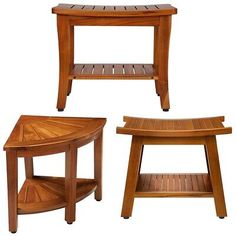 three wooden stools and a table on a white background