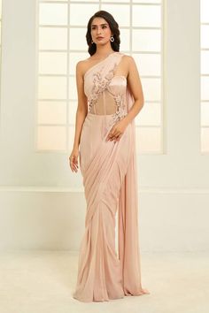 Rose gold padded corset, draped saree gown with floral vine embroidery. - Aza Fashions Pink Pre-draped Gown With Ruched Bodice, Wedding Evening Dress With Draped Fitted Bodice, Pink Pre-draped Gown With Fitted Bodice, Glamorous Draped Evening Dress For Wedding, Pink Draped Fitted Gown, Glamorous Floor-length Gown For Wedding Night, Pink Fitted Draped Gown, Glamorous Floor-length Wedding Night Gown, Glamorous Draped Wedding Gown