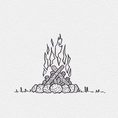 a drawing of a campfire with two crossed sticks sticking out of it's flames