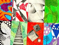 a drawing of many different colors and shapes in squares with trees, bushes, flowers, and other things