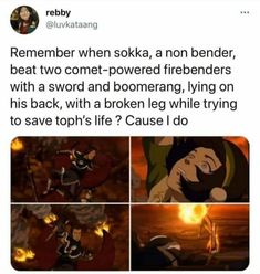 an image of some cartoon characters with fire in the background and caption that reads,'remember when soka, anon bender, beat two