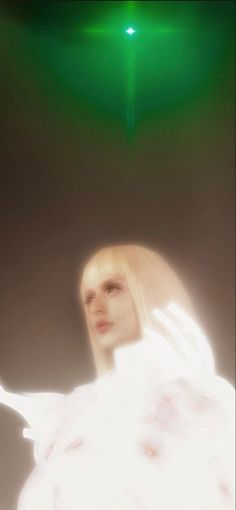 a woman with white hair is standing in front of a green light