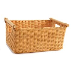 a wicker basket with wooden handles on a white background