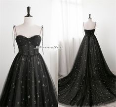 Wedding Dresses Celestial, Celestial Ball Gown, Celestial Prom Dress, Black Dress With Stars, Starry Wedding Dress, Black Star Dress, Star Prom Dress, Celestial Dress, Dress Ribbon