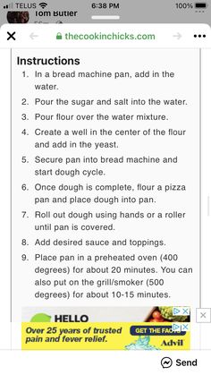 an iphone screen showing instructions on how to use the app for cooking and baking pizzas