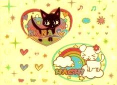 two stickers with cats and rainbows in the shape of hearts, stars, and clouds