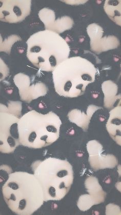 many panda bears are grouped together in the same pattern, with pink and white dots on their faces