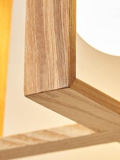 a close up of a wooden beam on a light fixture