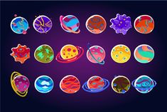 a set of nine different types of cartoon planets and their names in bright colors on a dark background