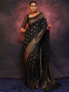 Banarasi soft lichi silk black saree for women, jacquard saree with fancy zari work, new wedding saree for bridesmaid,trendy festival saree  Saree Details:  Saree Color: 1) Black 2) Nile Blue  Saree Length: 5.5 Meter Saree Fabric: Banarasi soft lichi silk Saree Work : Pure Copper zari weaving beautiful Jacquard work Blouse Details : Blouse Color: Matching. Blouse Length: 0.8meter Blouse Fabric : Banarasi soft lichi silk Blouse Work : Heavy Brocade blouse. Blouse wear by model is just for modelin Black Sari Modern, Saree For Bridesmaid, Black Banarasi Saree, Black Silk Saree, Festival Saree, Black Sari, Velvet Saree, Saree Work, Jacquard Saree