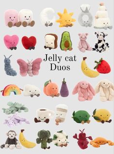 various stuffed animals are shown with the words jelly cat duos written below each one