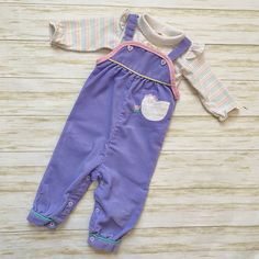 Precious pastels!  Vintage Healthex outfit tagged size 12 mos.   Overalls measuring 17" STS, 7" inseam, 10" across the chest.   The shirts wrists elastics are out, front hem stitching is out, 2 small stains on overalls.  Still in wearable play condition. Cute Cotton Sets For Daycare, Vintage Sets For Spring Playtime, Vintage Playtime Sets For Spring, Rainbow Chicken, Girls Clothing Sets, Clothing Sets, Pastel Rainbow, Girls Clothing