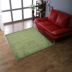 a living room with a red couch, green rug and wooden floors in front of a sliding glass door