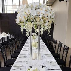 a long table is set with white flowers and place settings