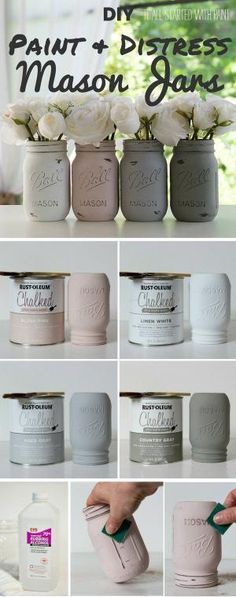 the instructions for how to make mason jars with flowers in them and paint them white