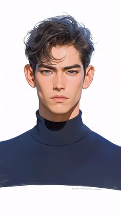 a drawing of a young man with blue eyes and black turtle neck shirt, looking at the camera