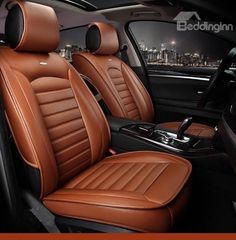 the interior of a car with brown leather seats