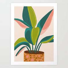 a potted plant with pink and green leaves in it on a beige background art print