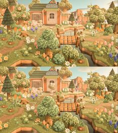 there are two pictures of the same area with animals and flowers on it, but one is in color