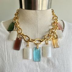 "Big, Bold, Colorful Charm Necklace.  If you are looking for a lightweight fun statement necklace this is it. Charm materials: Acrylic, gold plated metal chain. Size:  Adjustable (16\" to 19\") The length can be customized. Such a fun statement piece that will go with many color outfits. Acrylic charms are available in five colors so if you like to customize this to a particular color instead of multi color, let us know.  **Please be sure to read my shop policies and shop announcement before mak Spring Necklace, Chunky Chain Necklace, Color Outfits, Beach Necklace, Colorful Necklace, Necklace Colorful, Fun Beach, Chunky Chain Necklaces, Beach Necklaces